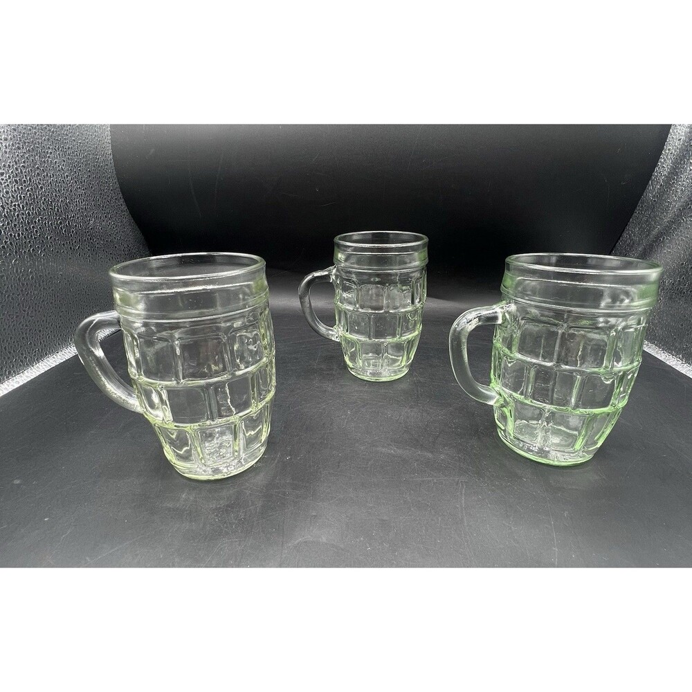 VTG Light Green Barrel Glass Mugs Set of 3 Block Pattern Coffee Beer Stein 8oz